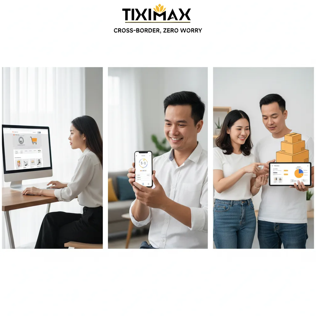 Ba ảnh: người mua hàng, kiểm tra app, xem chi phí.