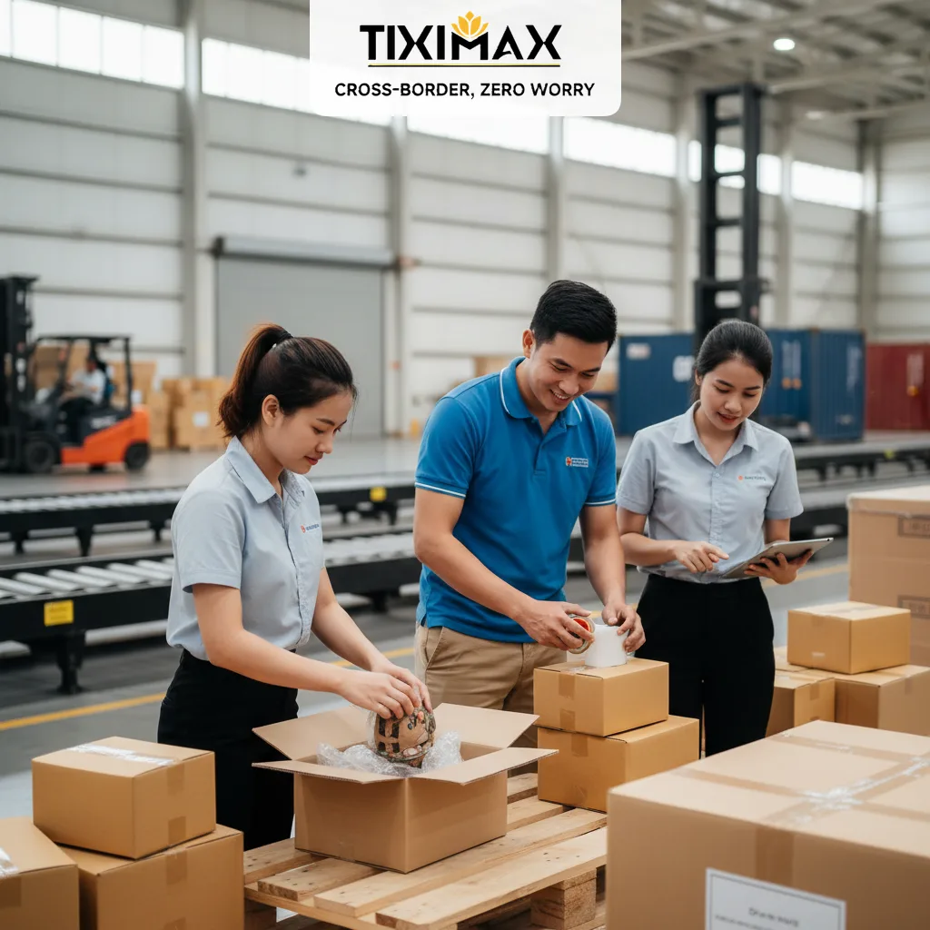 Nhân viên kho đóng gói hàng mẫu cẩn thận.