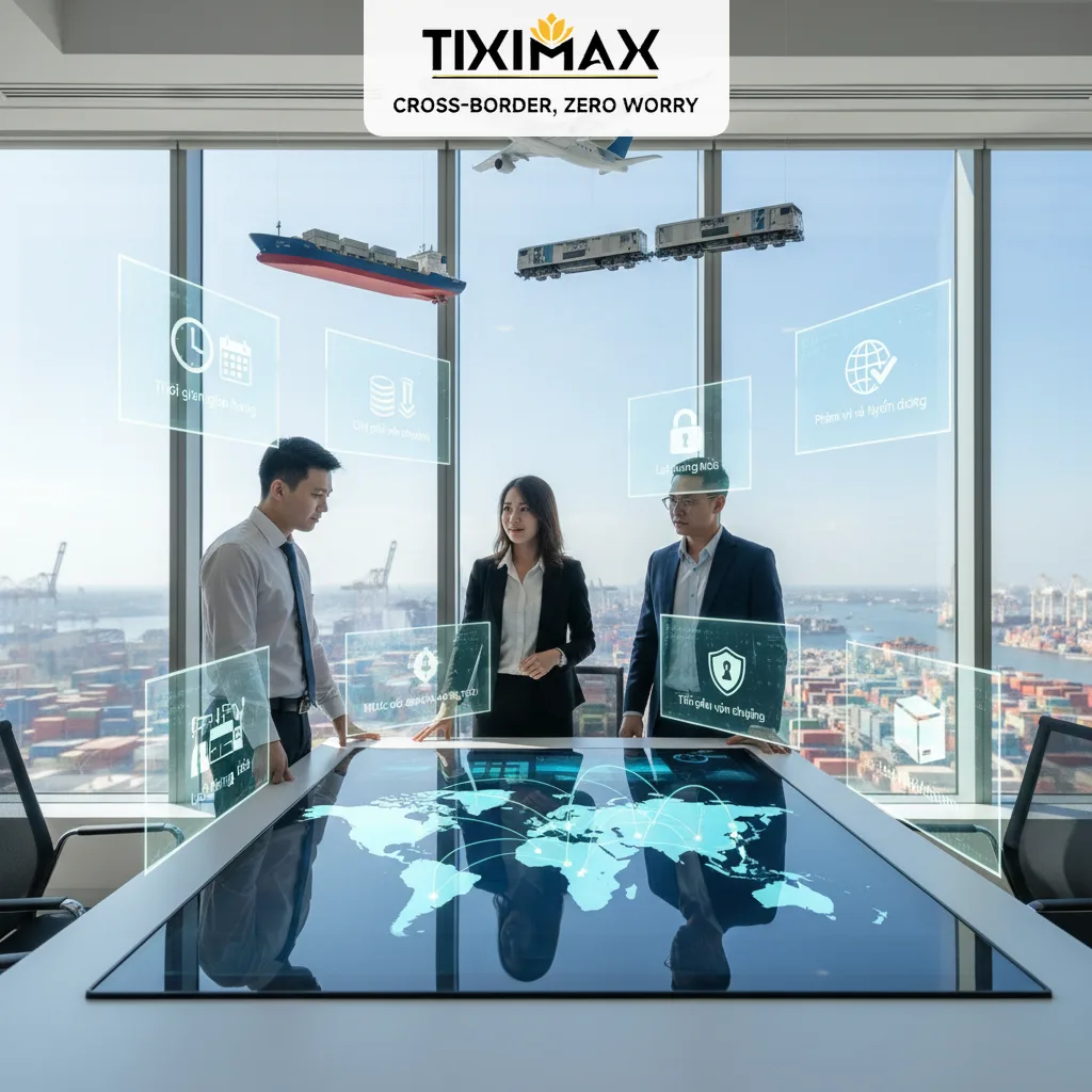 Chuyên gia logistics thảo luận bản đồ vận chuyển hàng hóa quốc tế.