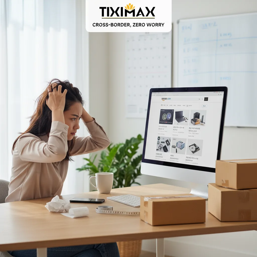 Người phụ nữ bối rối nhìn màn hình tìm hiểu mua hàng amazon Nhật về Việt Nam