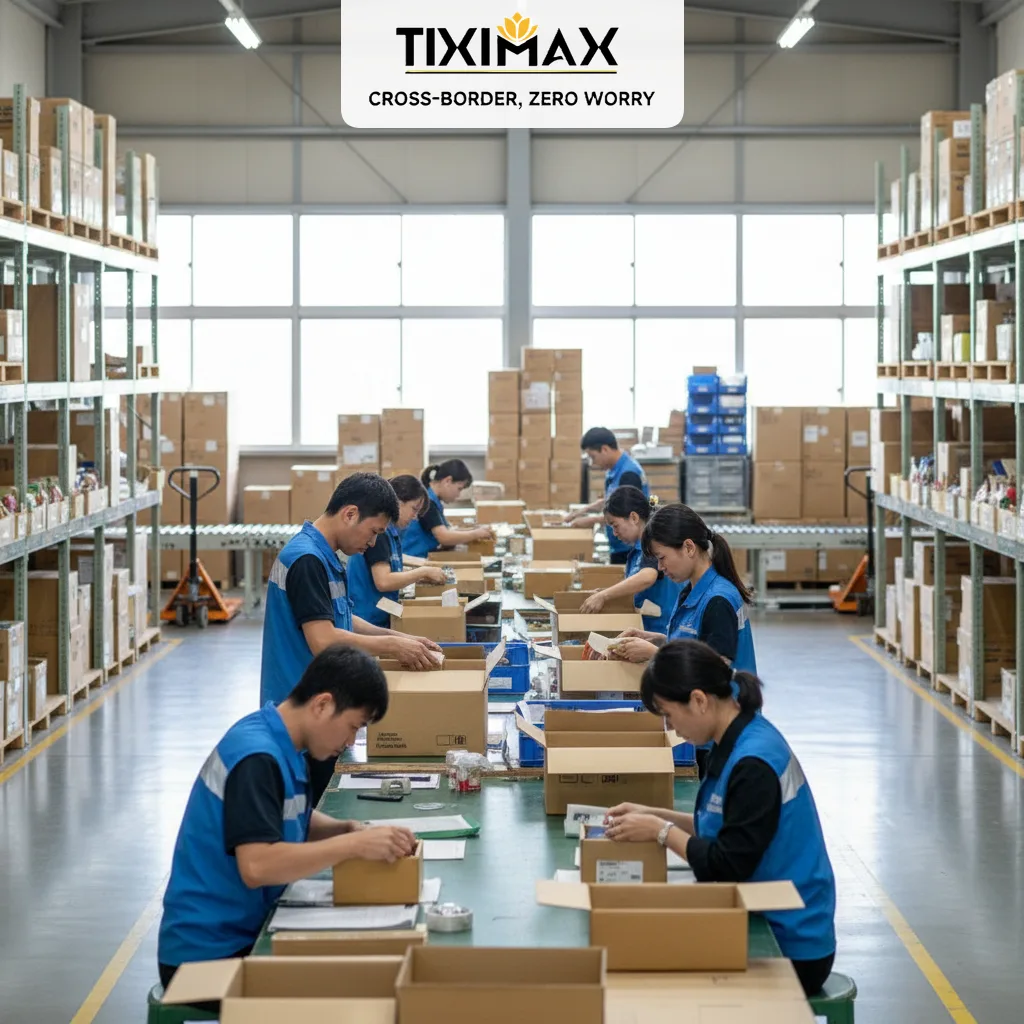 Nhân viên đóng gói hàng hóa cẩn thận trong kho hàng Nhật.