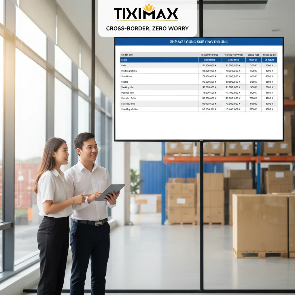 Hai người xem bảng dữ liệu lớn trong kho và tìm hiểu về mua hàng Yahoo shopping Nhật về Việt Nam