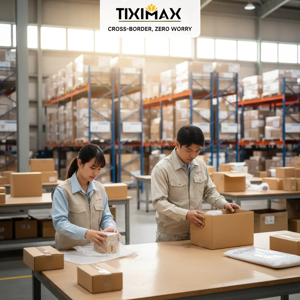 Hai nhân viên đóng gói hàng hóa cẩn thận tại kho.