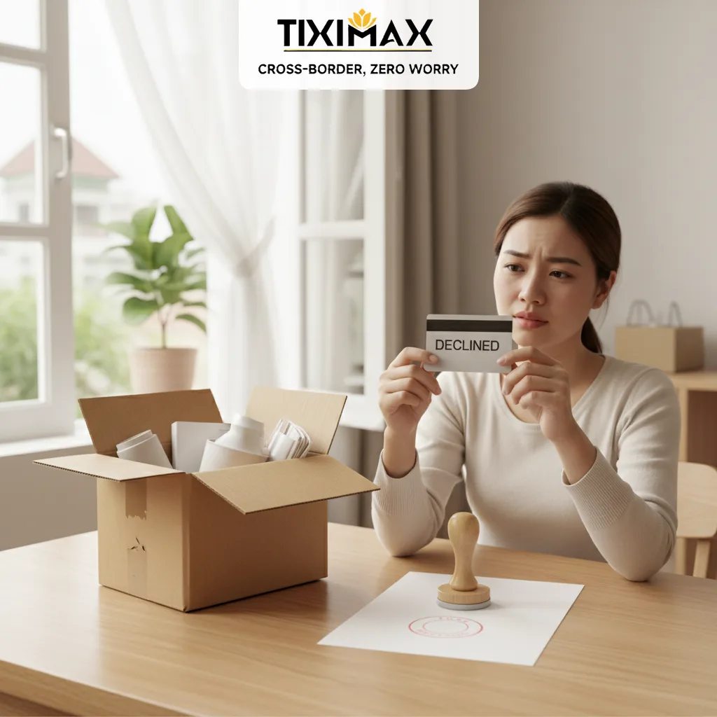 Phụ nữ Việt cầm thẻ 'DECLINED', hộp hàng, dấu mộc