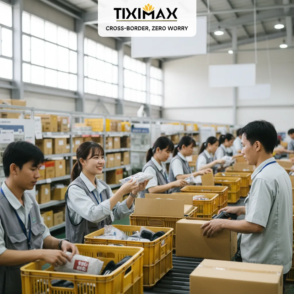 Nhân viên Tiximax phân loại, đóng gói hàng hóa tại kho.