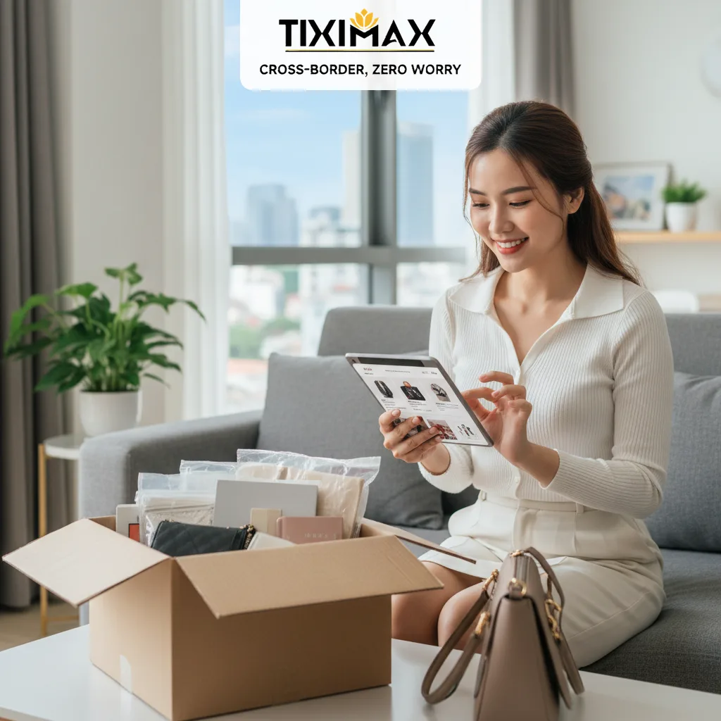 Người phụ nữ vui vẻ xem tablet, hộp hàng hóa, túi xách.
