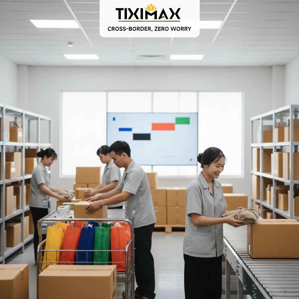 Nhân viên Tiximax đóng gói hàng hóa tại kho.