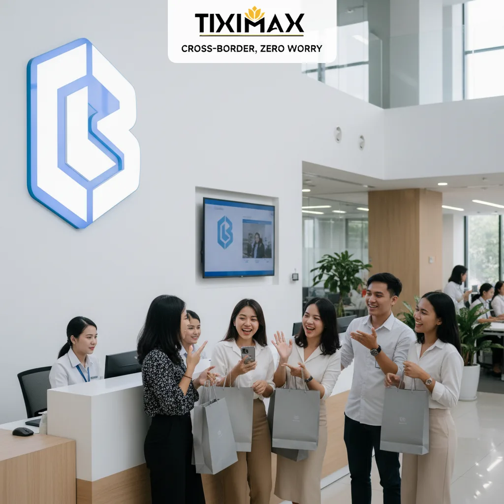 Nhóm người Việt vui vẻ cầm túi mua sắm trước logo Blibli.