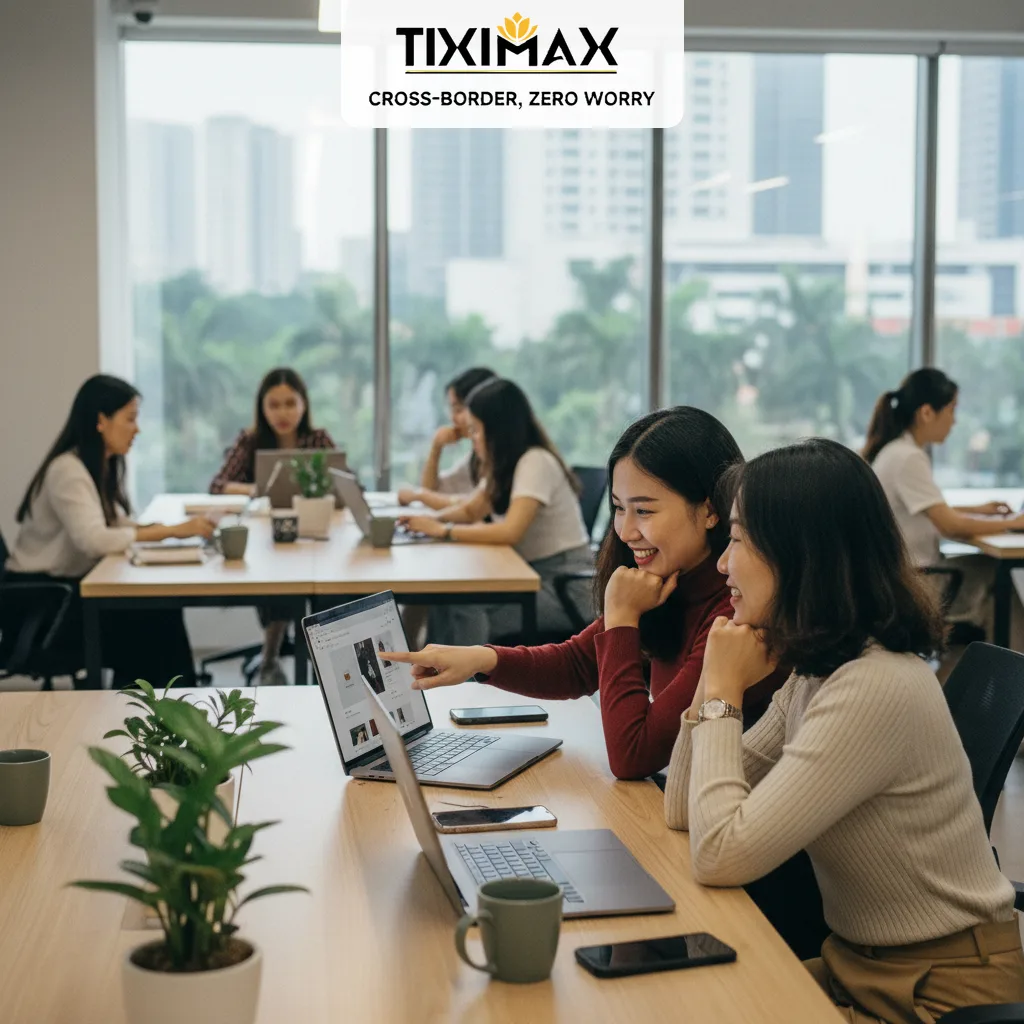 Hai phụ nữ Việt Nam xem sản phẩm online trên laptop.