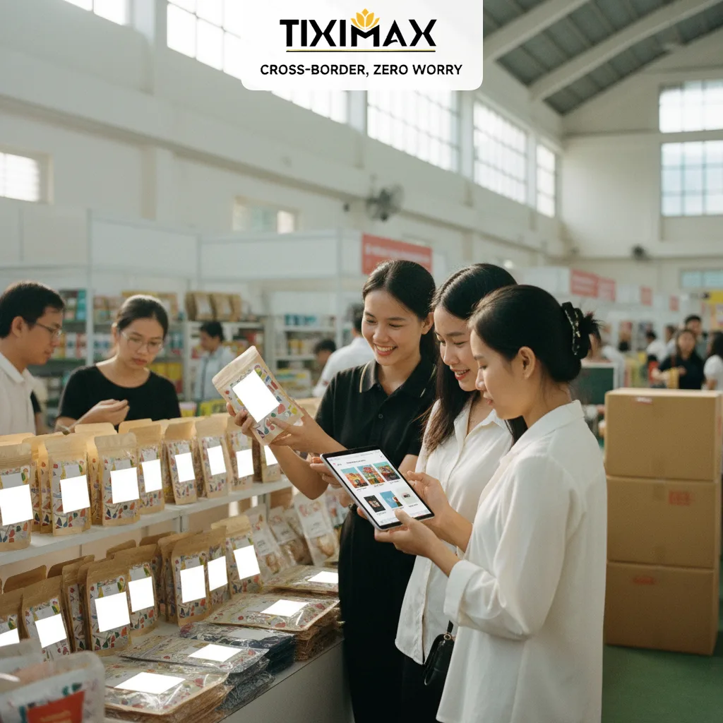Ba phụ nữ Việt xem sản phẩm, màn hình máy tính bảng mua sắm.