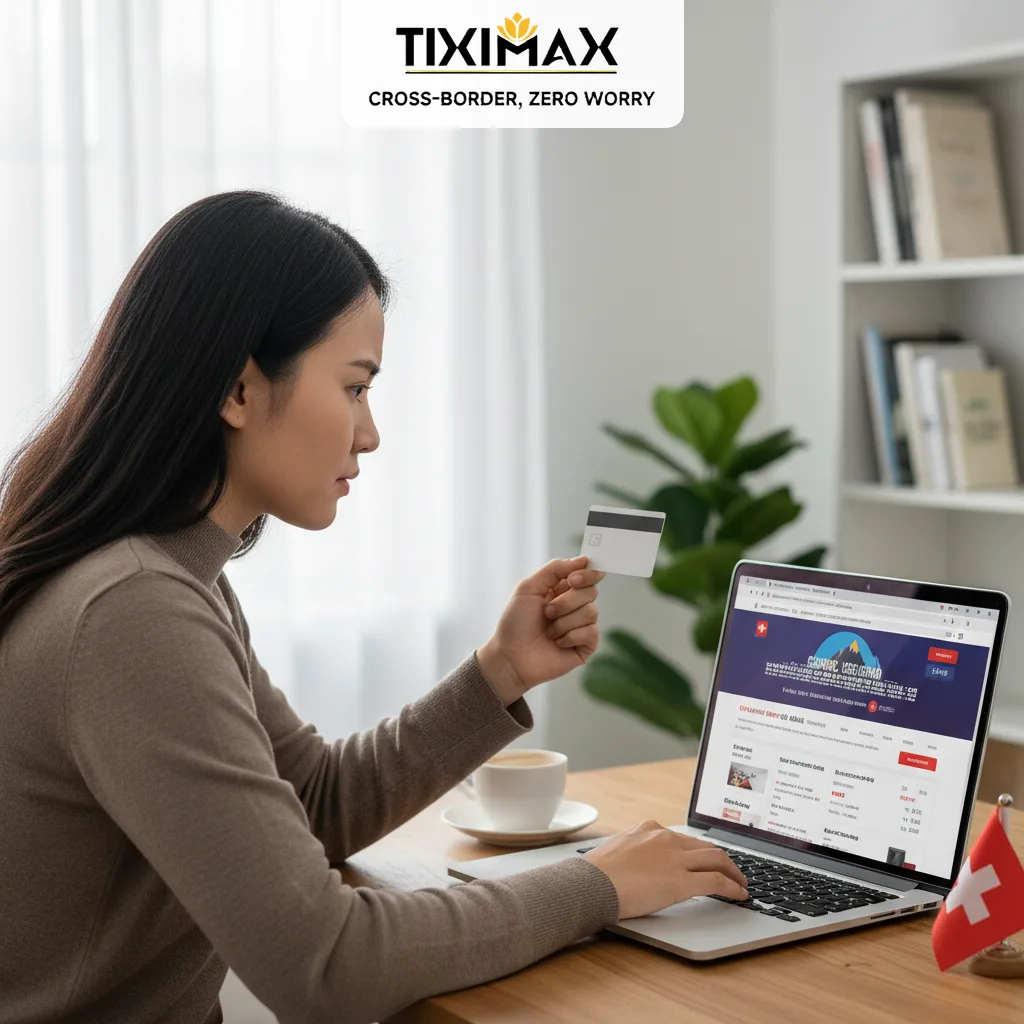 Người phụ nữ Việt Nam xem laptop, cầm thẻ tín dụng.