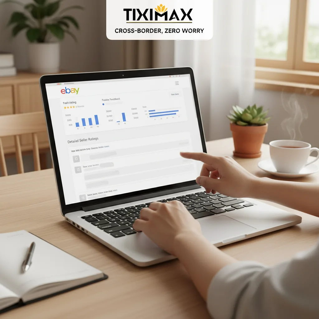 Màn hình laptop hiển thị đánh giá người bán trên Ebay.