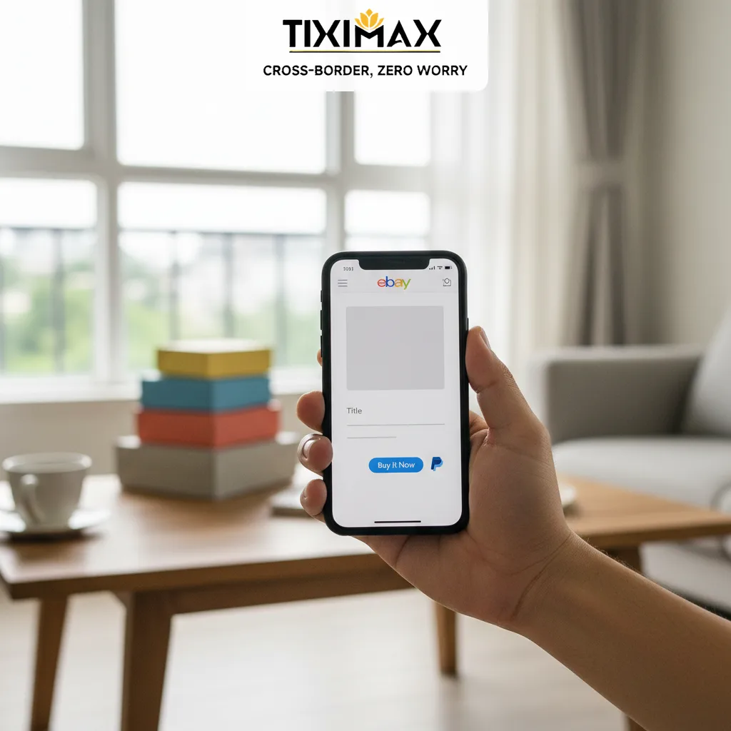 Bàn tay cầm điện thoại hiển thị trang mua hàng eBay.