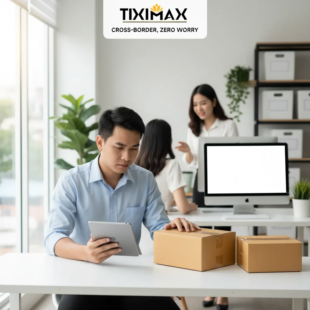 Người đàn ông xem tablet, bên cạnh là các hộp hàng và tìm hiểu về mua hàng trên eBay có an toàn không