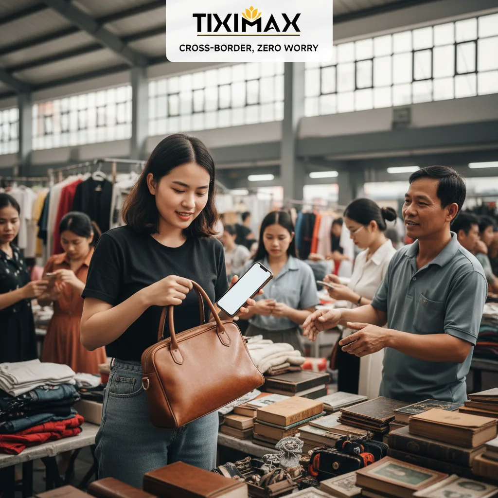 Người phụ nữ xem túi xách, điện thoại tại chợ đồ cũ.