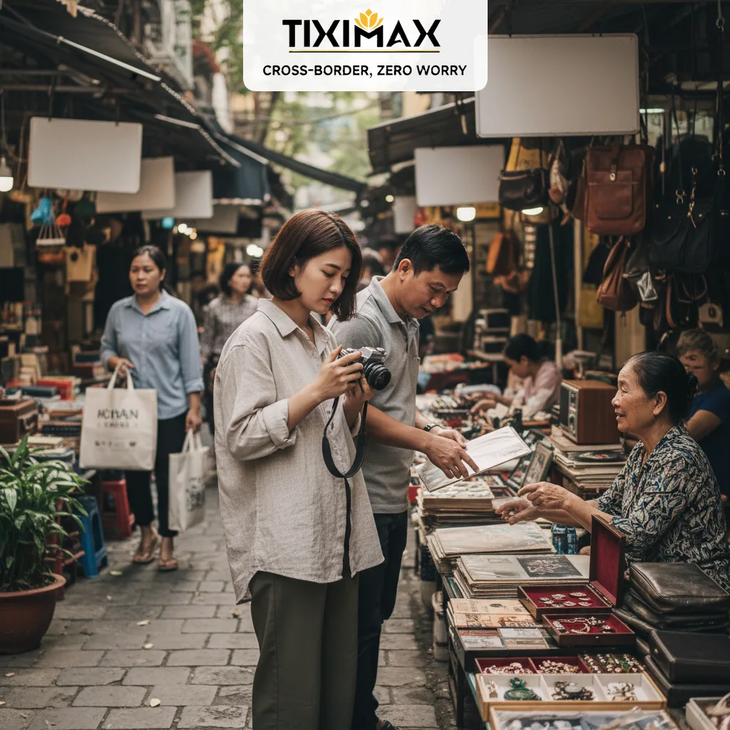 Người mua sắm xem hàng cũ tại chợ truyền thống.