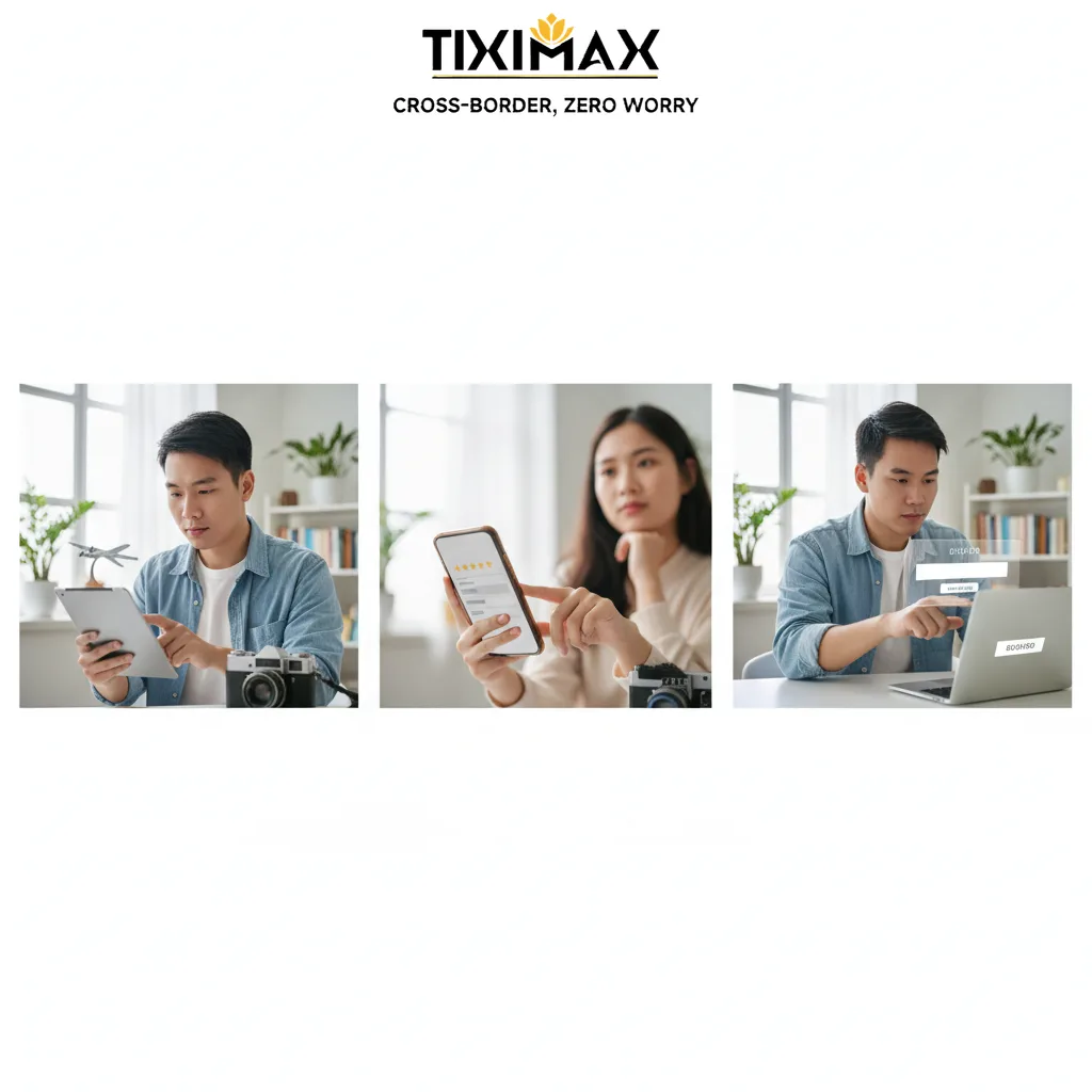 Ba người dùng thiết bị điện tử thực hiện đấu giá online và tìm hiểu về mua hàng đấu giá trên eBay