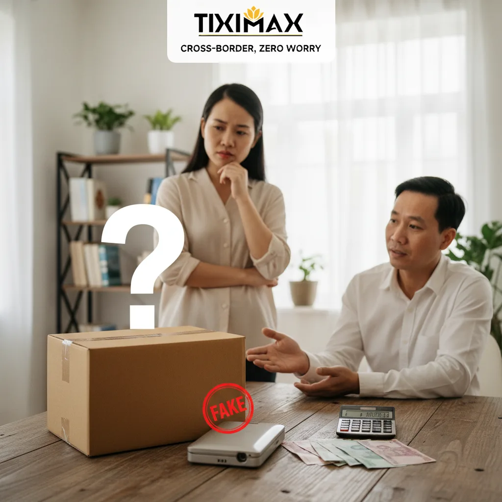 Hai người Việt xem xét hộp hàng có dấu FAKE.