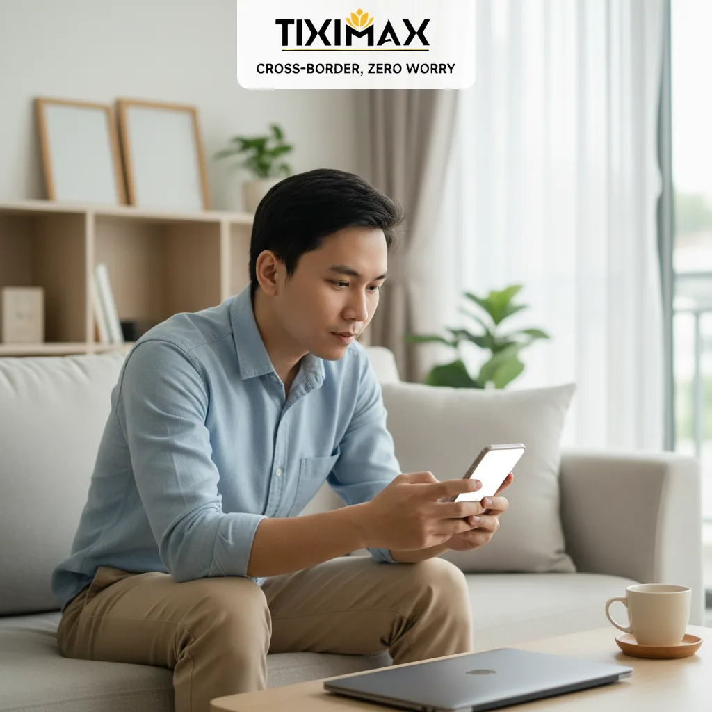 Người đàn ông trẻ ngồi sofa, tập trung nhìn điện thoại tìm hiểu về cách mua hàng trên eBay bằng Paypal