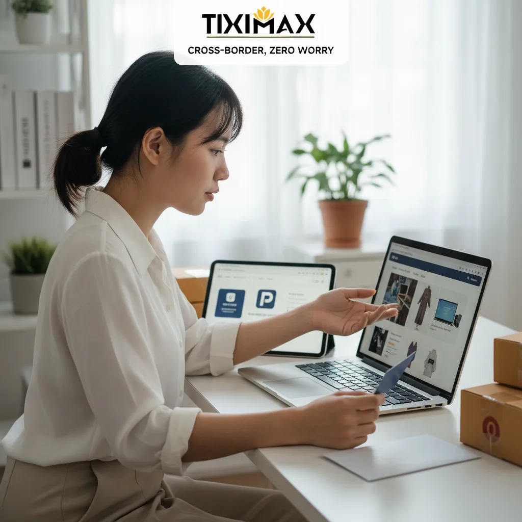 Người phụ nữ mua hàng online trên laptop, cầm thẻ.