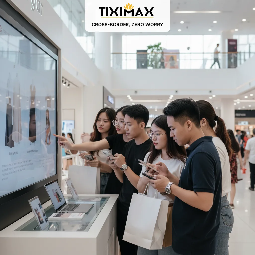Nhóm người trẻ xem sản phẩm trên màn hình và điện thoại.