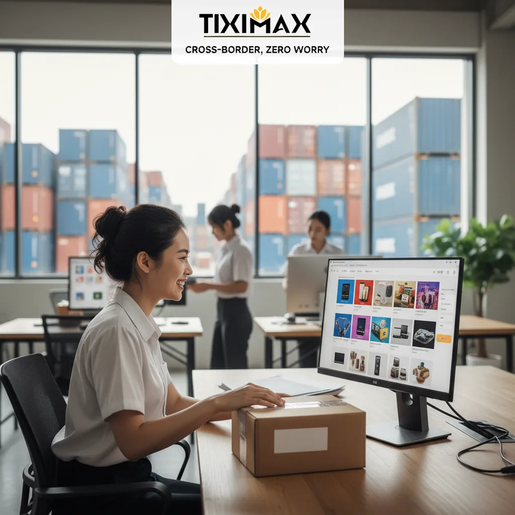 Người phụ nữ mua hàng trên Amazon về Việt Nam bằng máy tính, có gói hàng.