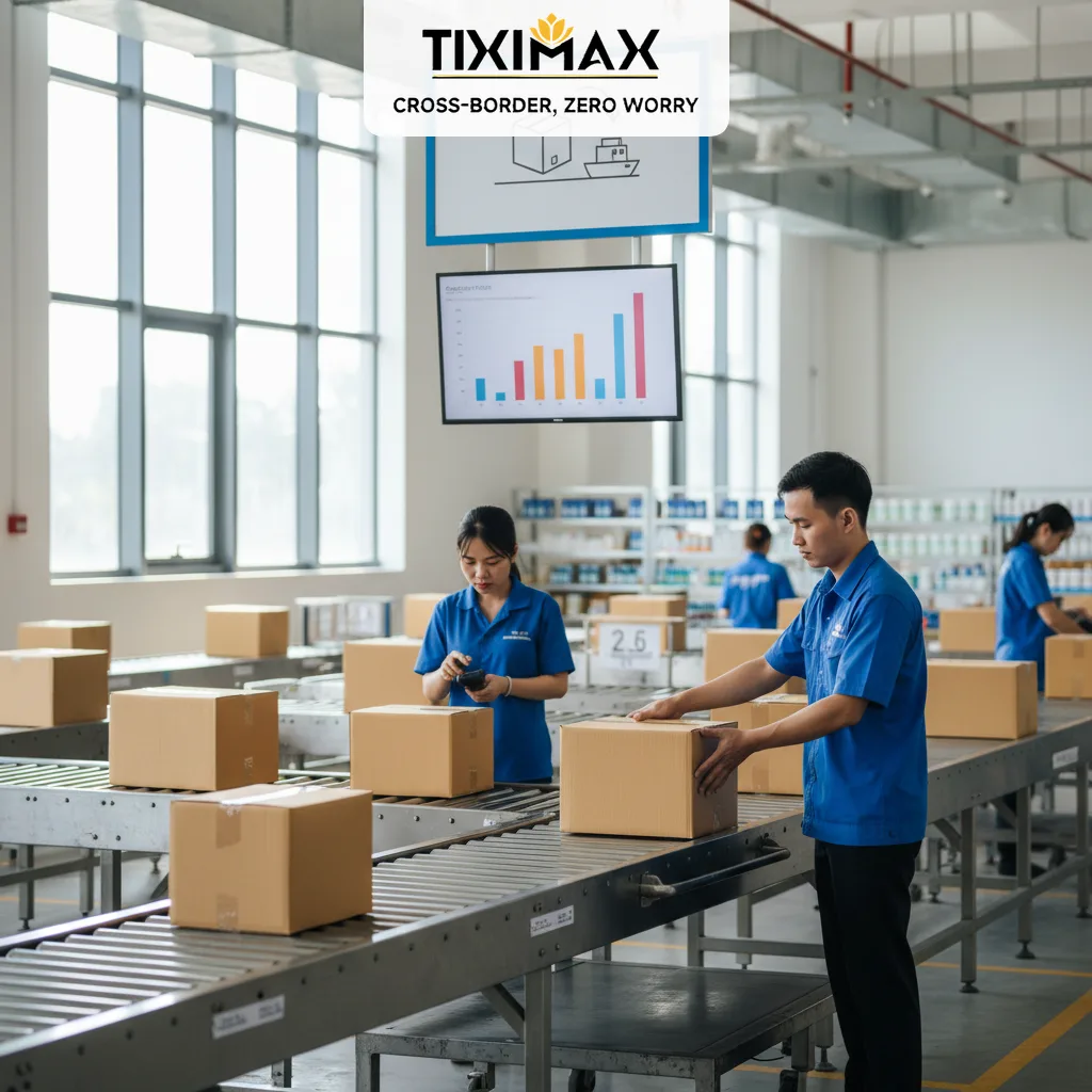 Nhân viên Tiximax xử lý kiện hàng trên băng chuyền kho.