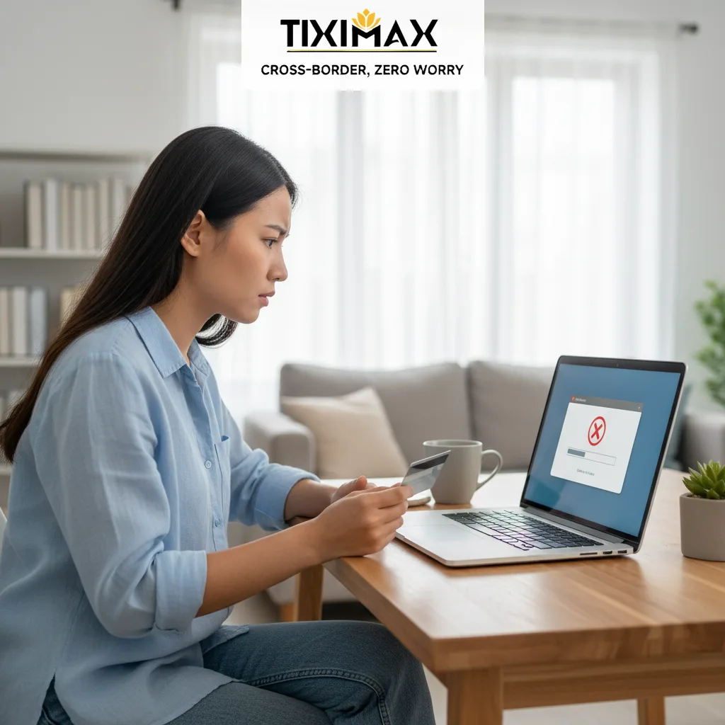 Người phụ nữ Việt Nam thất vọng nhìn lỗi thanh toán trên laptop.