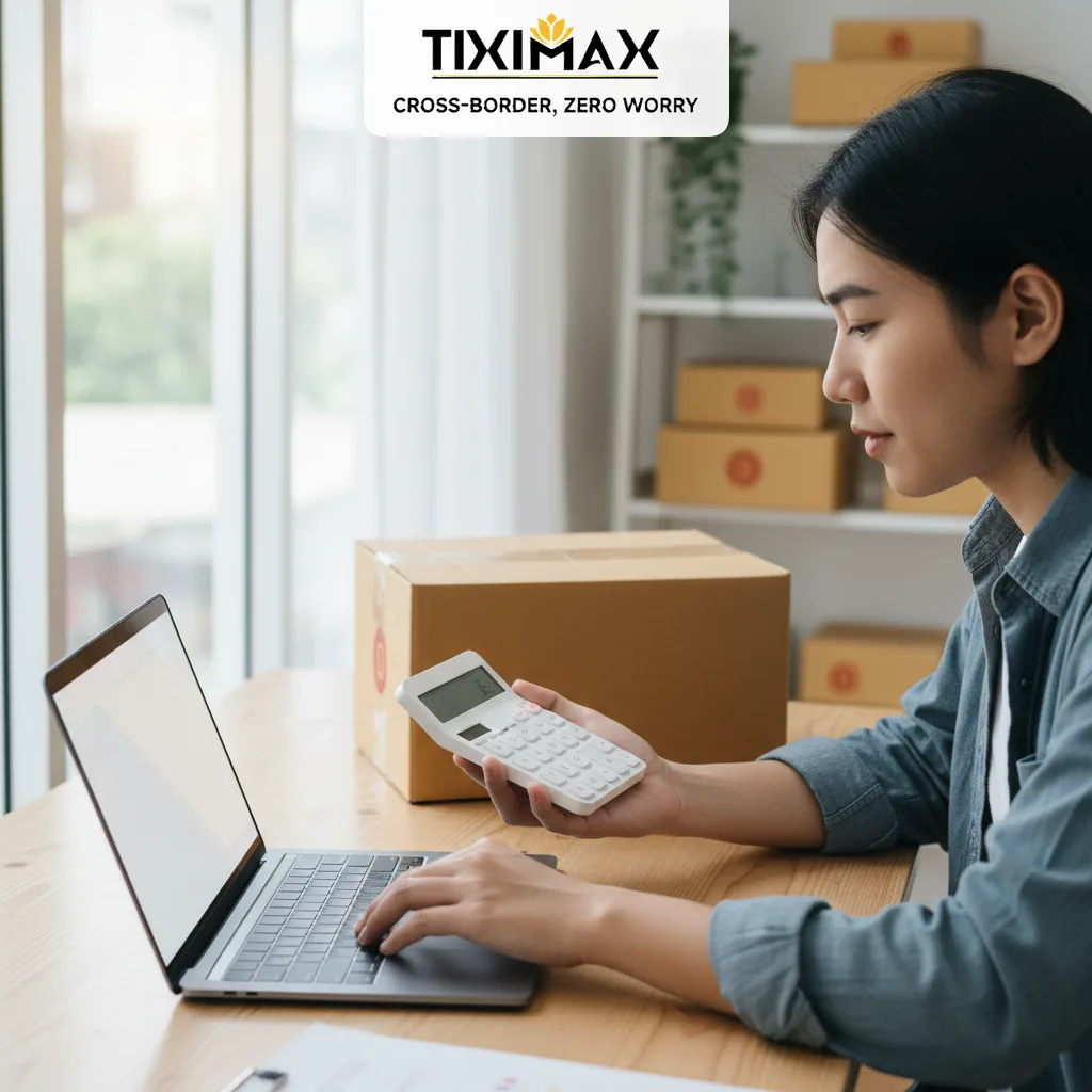 Người phụ nữ tính toán mua hàng trên Amazon có mất phí ship không.