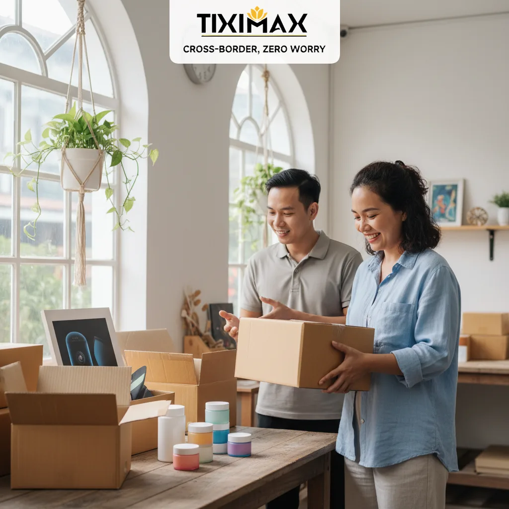 Hai người Việt mở hàng, có mỹ phẩm và thiết bị điện tử.
