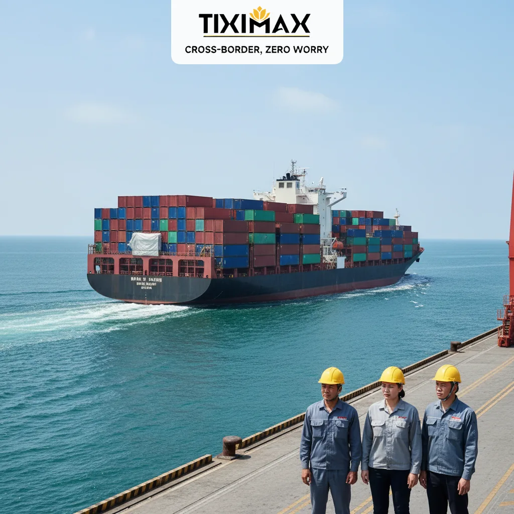 Tàu chở container trên biển, ba người mặc đồng phục.