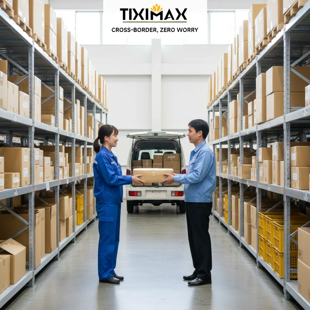 Hai nhân viên trao gói hàng trong kho, xe tải phía sau để vận chuyển hàng bãi từ Nhật về việt nam