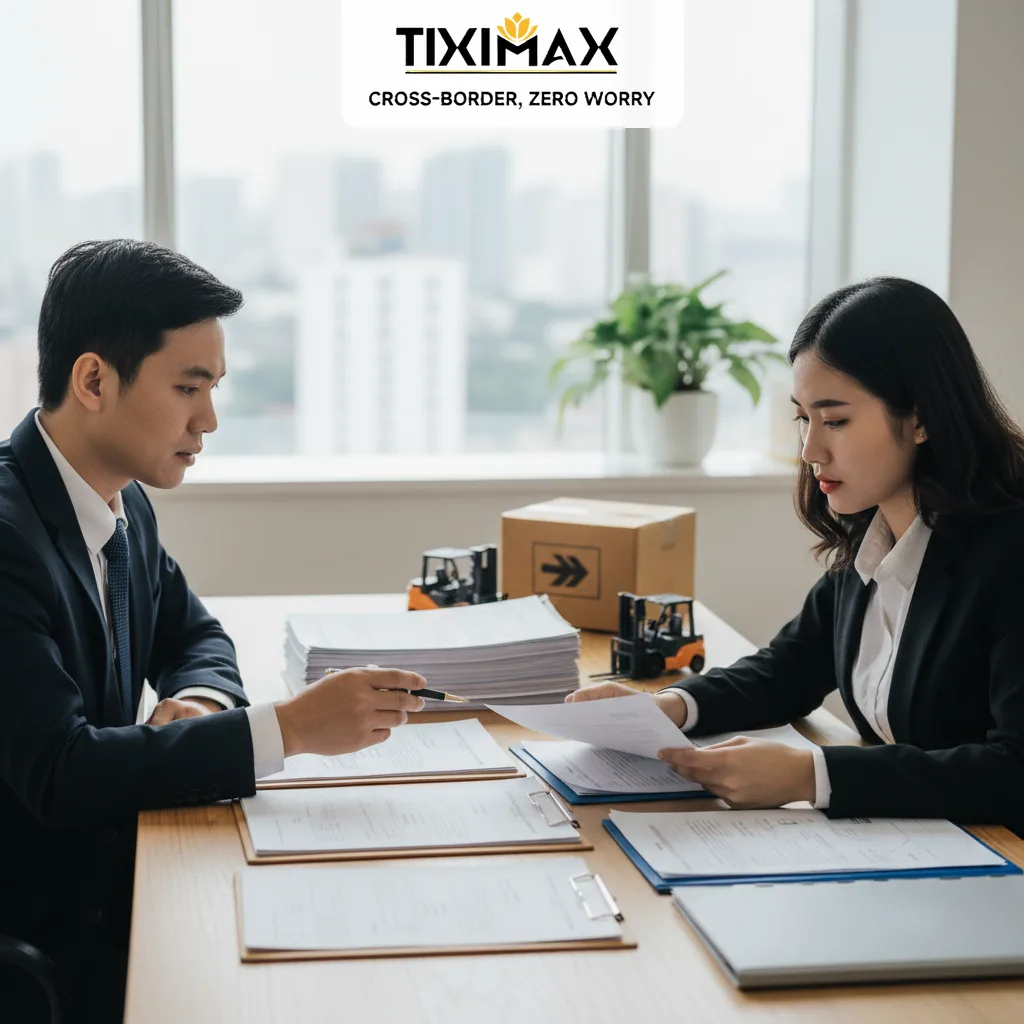 Hai người Việt xem xét tài liệu, có mô hình xe nâng và tìm hiểu về vận chuyển máy móc từ Nhật về Việt Nam