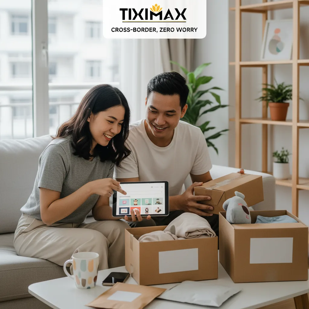 Cặp đôi xem máy tính bảng, mở kiện hàng đã mua.