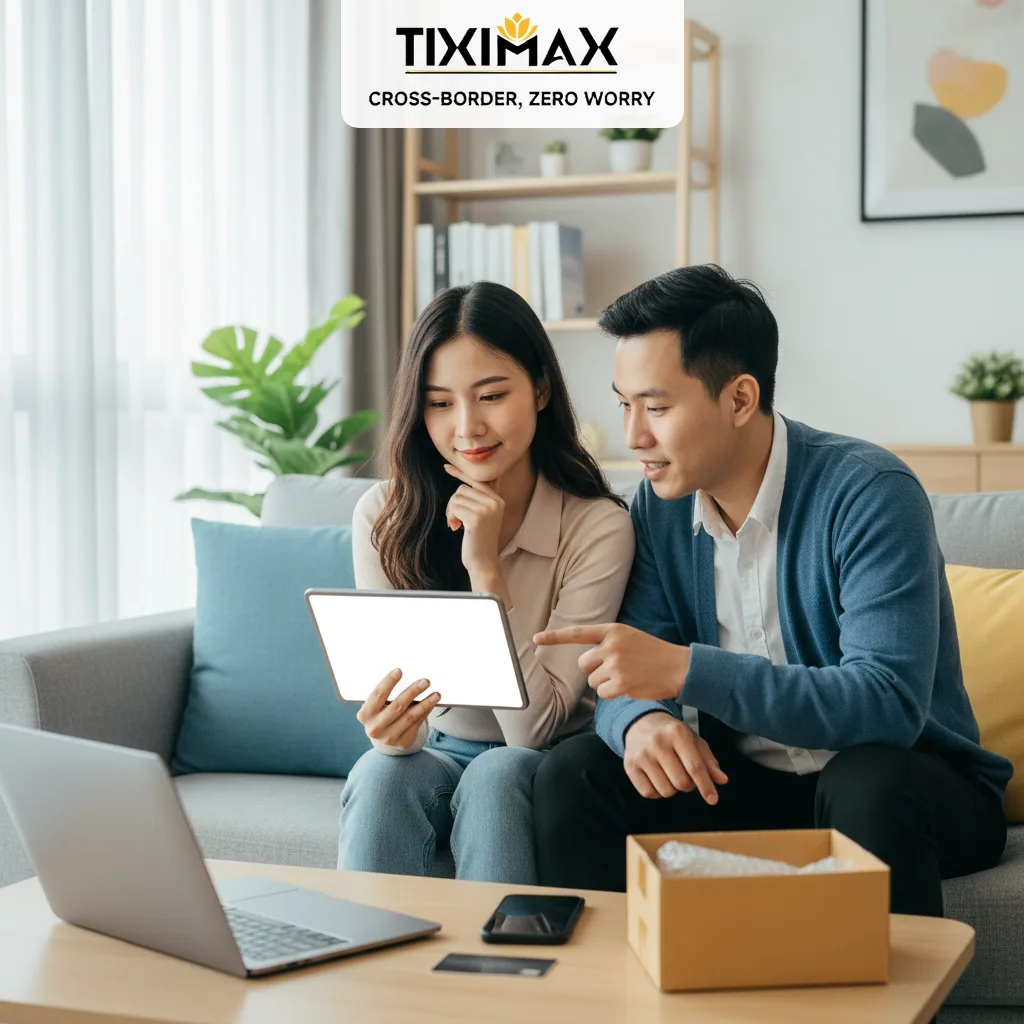 Cặp đôi Việt xem máy tính bảng, mua sắm trực tuyến tại nhà.