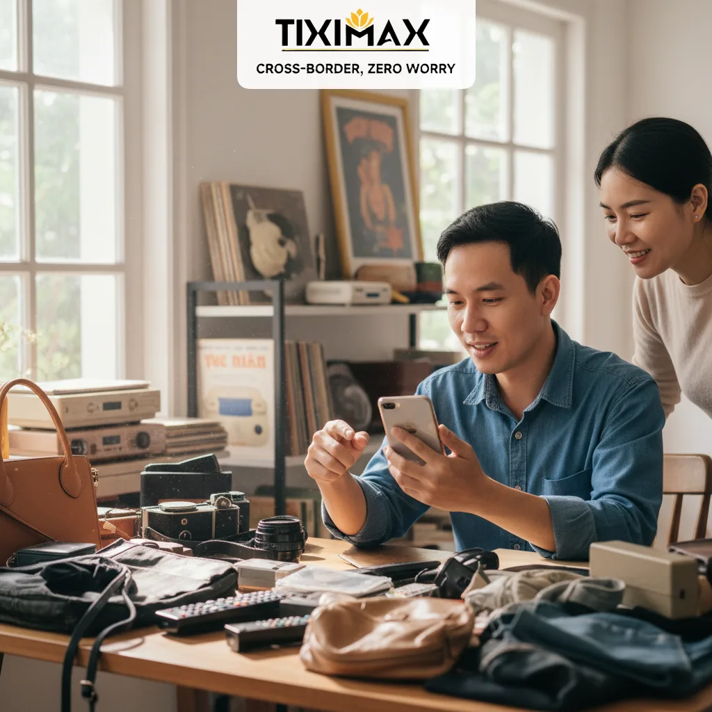 Hai người Việt xem điện thoại, bàn đầy đồ cũ.