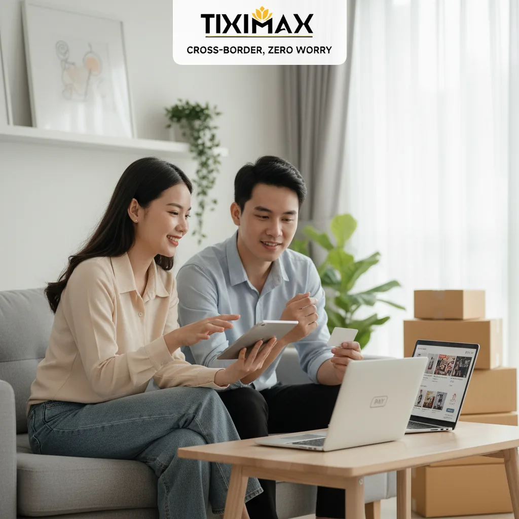 Cặp đôi xem tablet, laptop, thẻ tín dụng, hộp hàng.