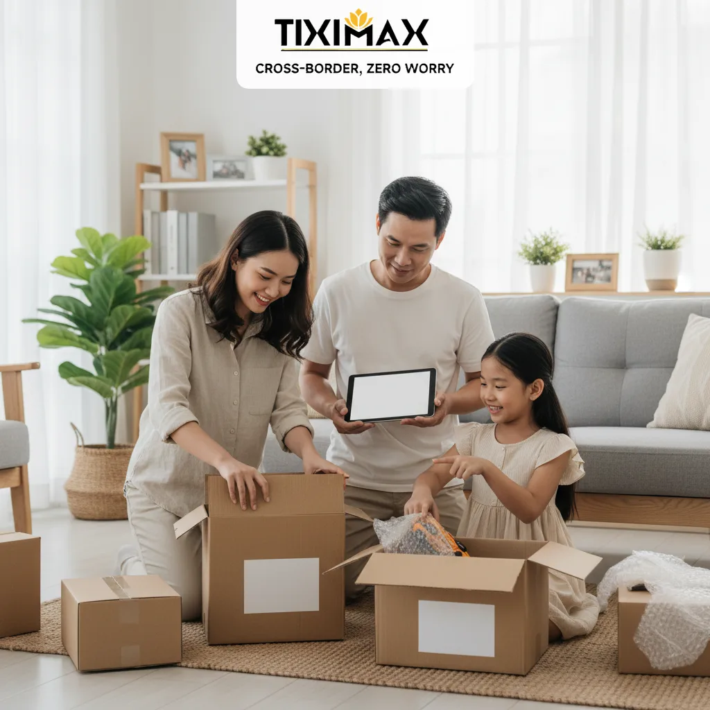 Gia đình Việt nhận hàng, người cha cầm máy tính bảng.