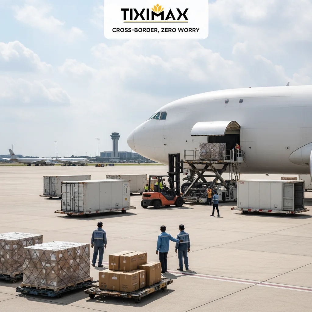 Máy bay chở hàng đang được bốc dỡ tại sân bay.