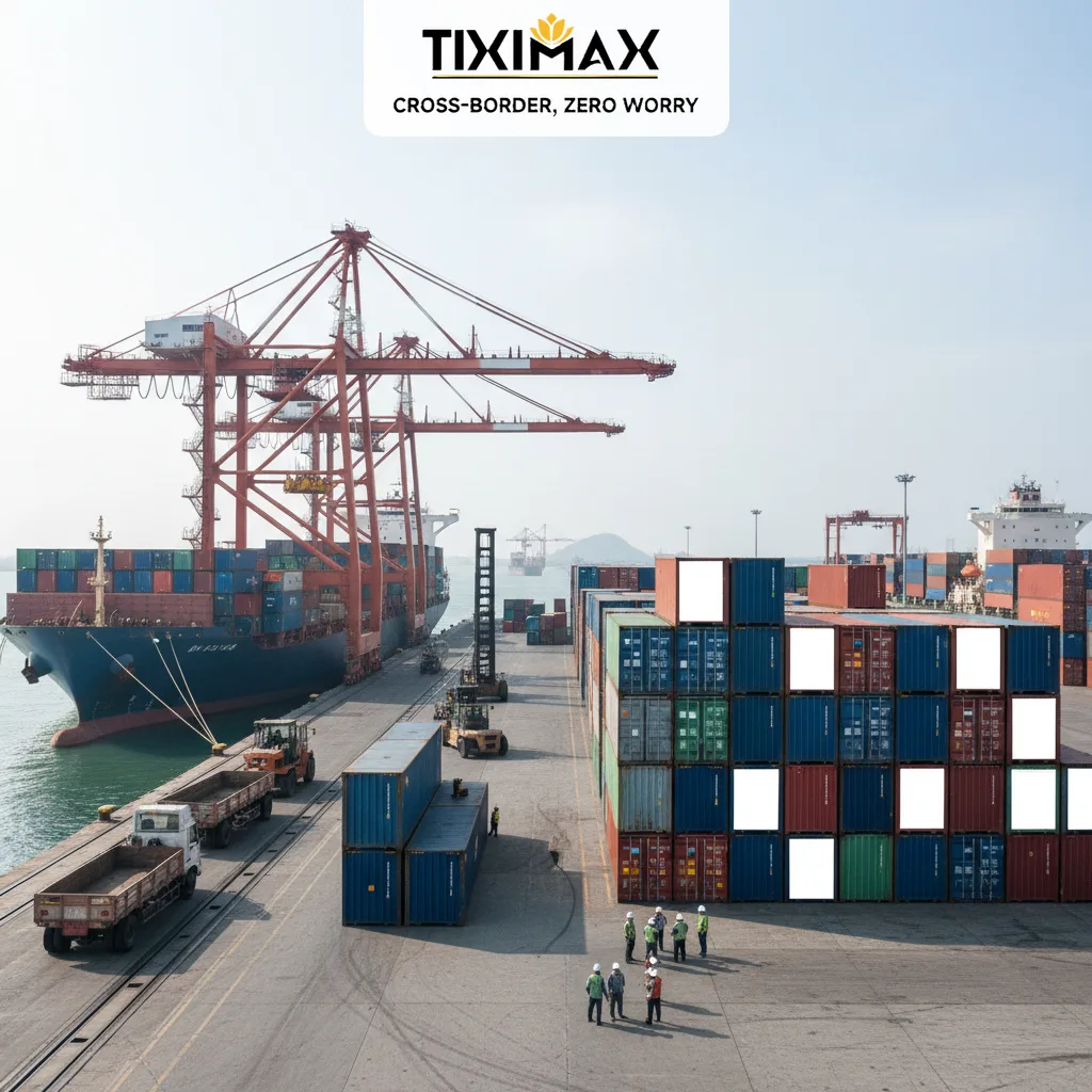Cảng biển tấp nập, tàu container, cần cẩu, công nhân.