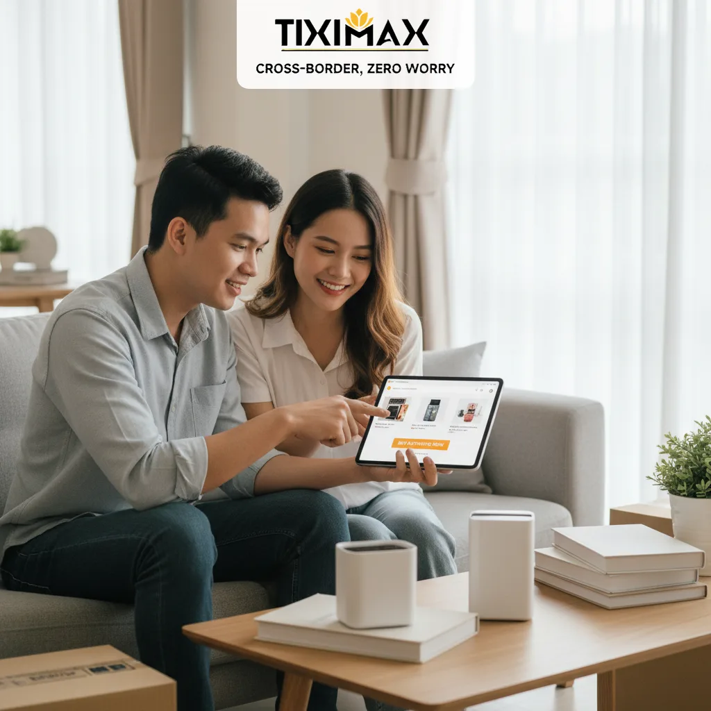 Cặp đôi Việt Nam xem sản phẩm trên máy tính bảng.