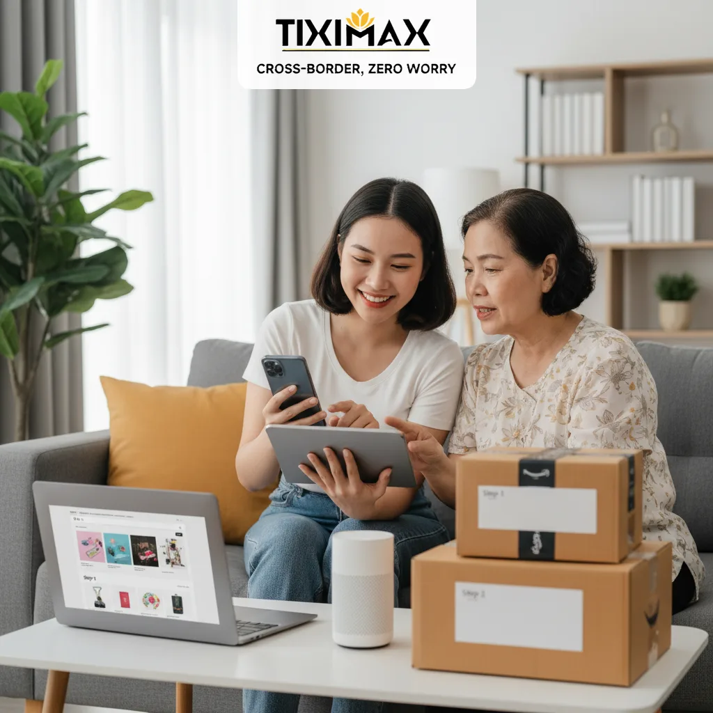 Hai phụ nữ Việt xem điện thoại, máy tính bảng, hộp Amazon.