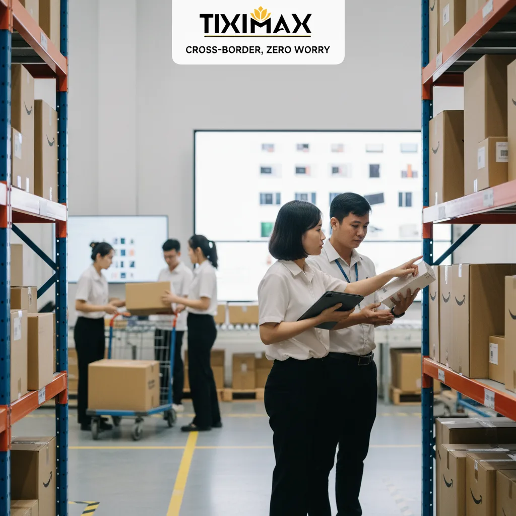 Nhân viên kiểm tra gói hàng Amazon trong kho hàng.