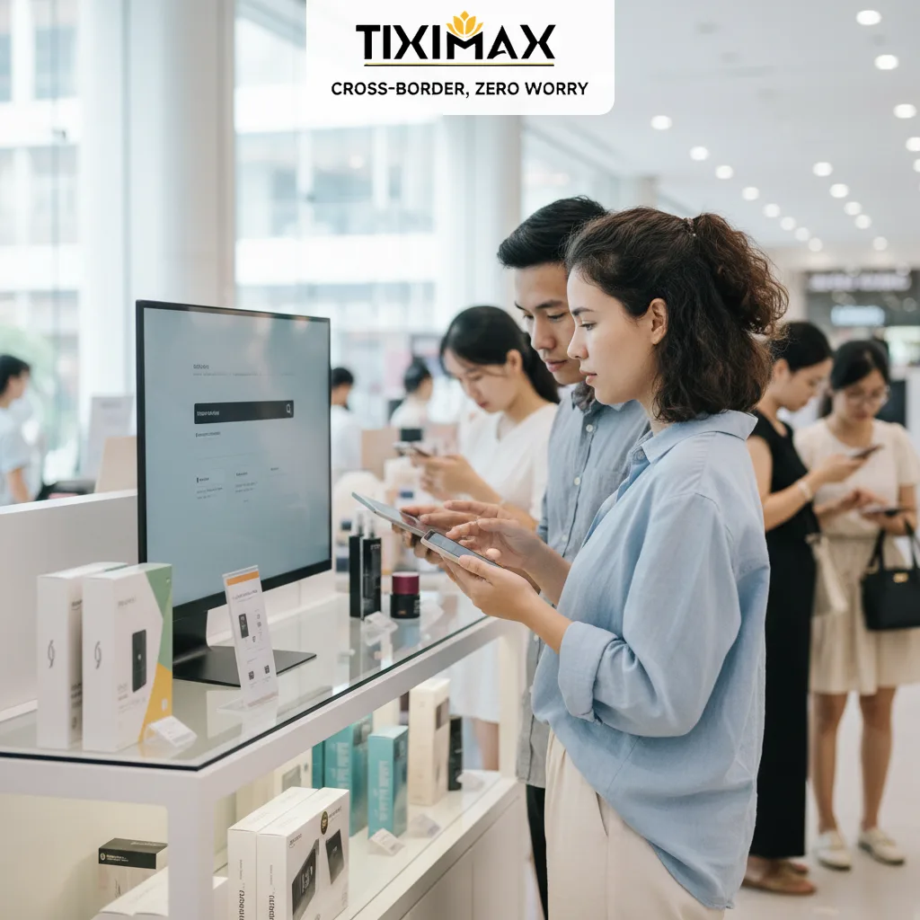 Hai người Việt xem điện thoại, màn hình tìm kiếm sản phẩm.