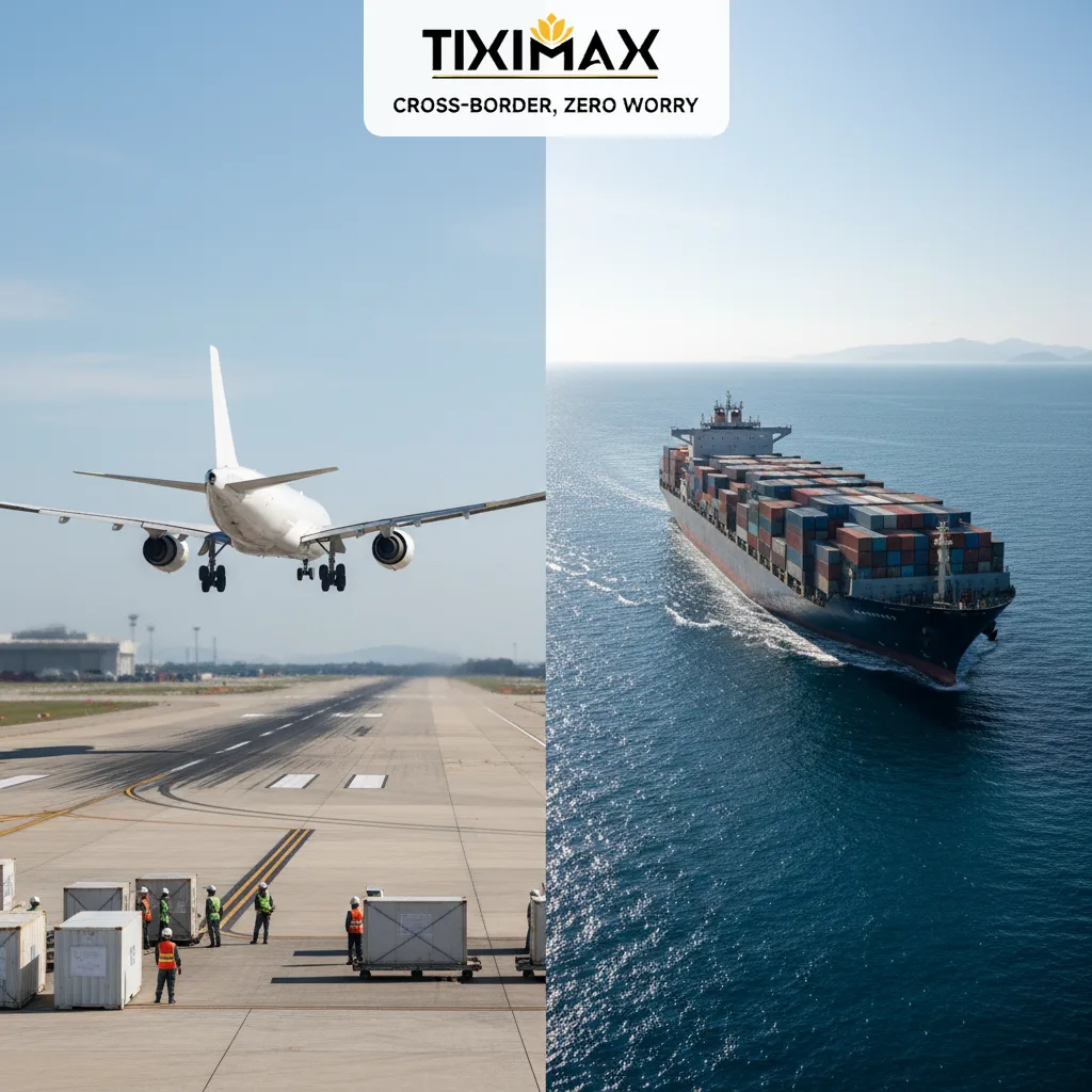 Máy bay vận tải và tàu container trên biển.
