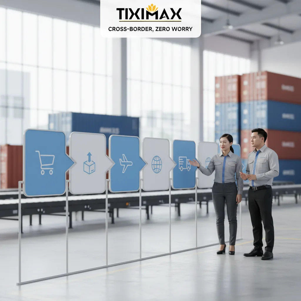 Hai nhân viên logistics bên sơ đồ quy trình chuyển phát quốc tế.