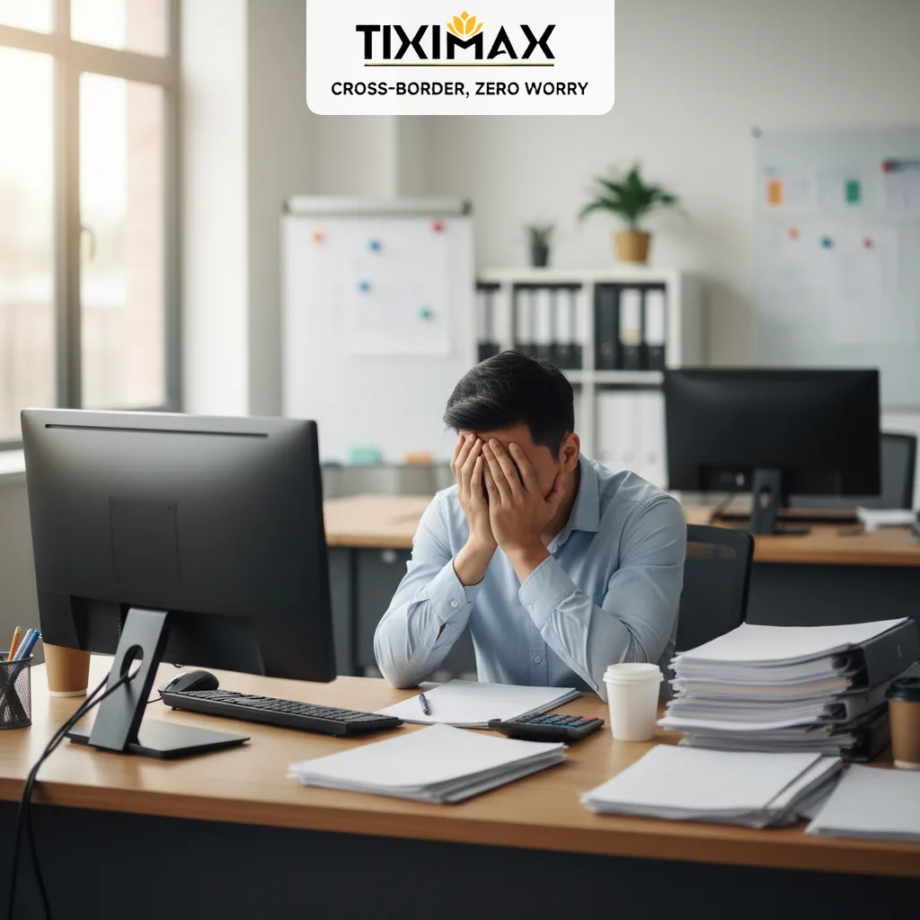 Người đàn ông ôm mặt lo lắng trước máy tính, bàn đầy giấy tờ.