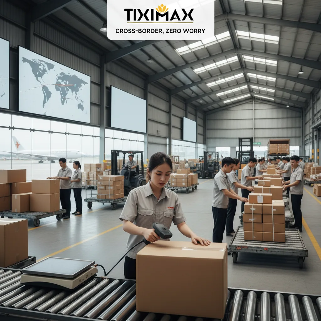 Nữ nhân viên quét mã vạch kiện hàng tại trung tâm phân phối.