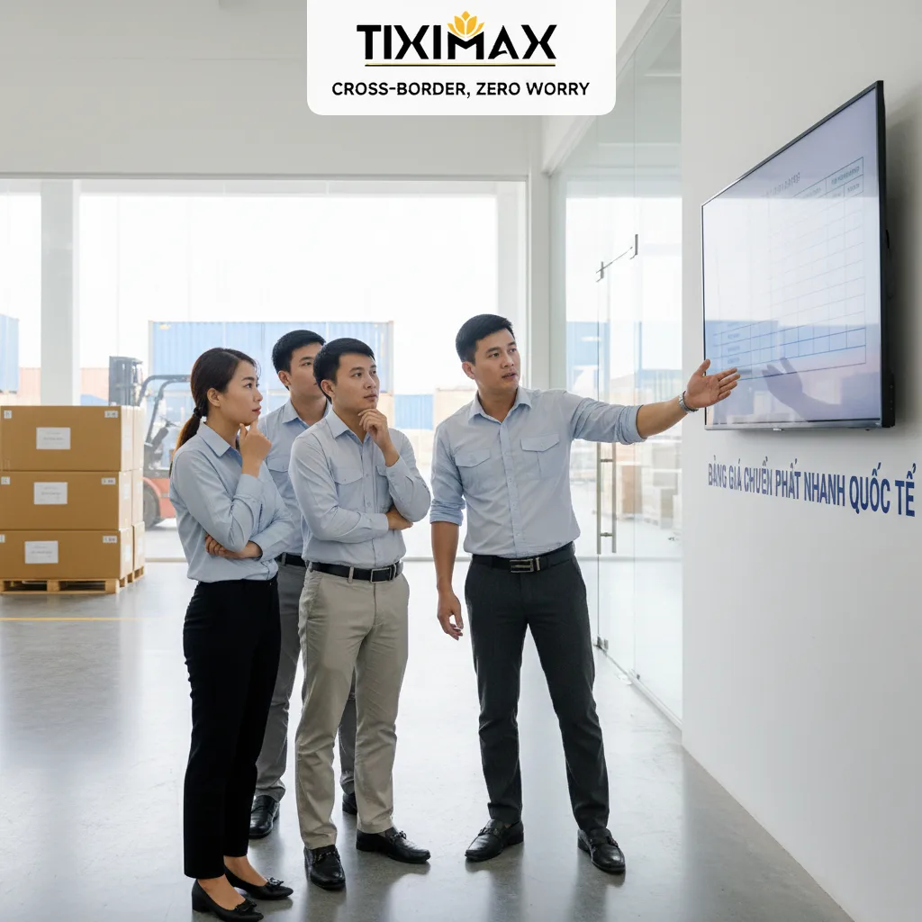 Nhóm người Việt thảo luận bảng giá chuyển phát nhanh quốc tế.