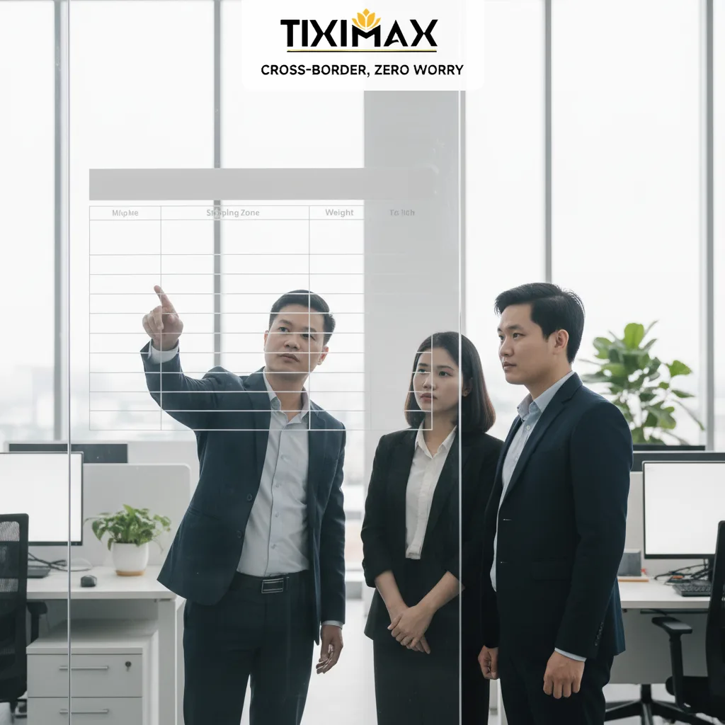 Ba người xem bảng biểu vận chuyển trong văn phòng.